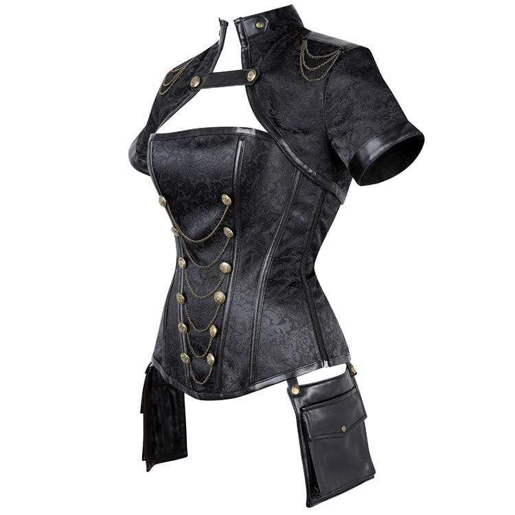 Women's Gothic Floral Sleeved High Collar Overbust Corsets - Image 2