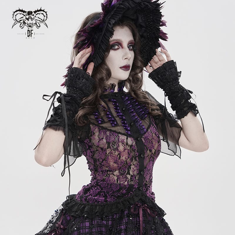 Women's Gothic Floral Stand Collar Short Sleeved Mesh Shirt - Image 2