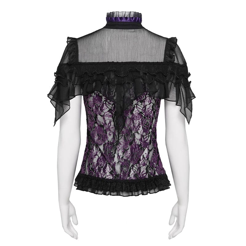Women's Gothic Floral Stand Collar Short Sleeved Mesh Shirt - Image 9