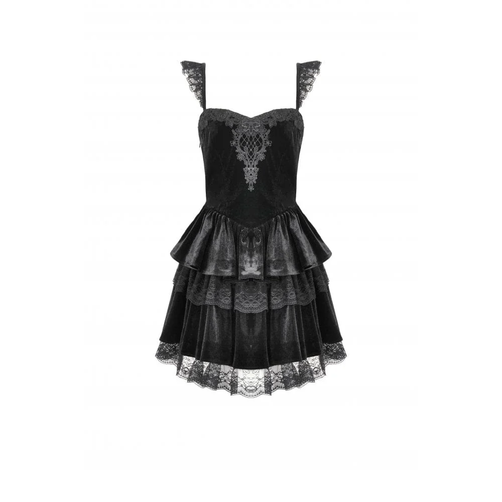 Women's Gothic Flower Embroidered Multilayer Lace Velet Slip Dress Graduation Dress - Image 14