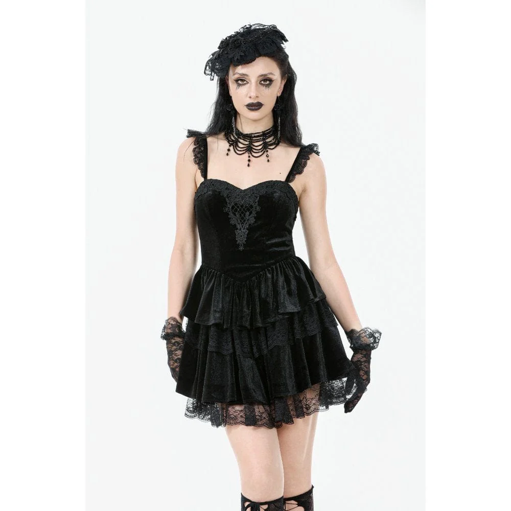 Women's Gothic Flower Embroidered Multilayer Lace Velet Slip Dress Graduation Dress - Image 2