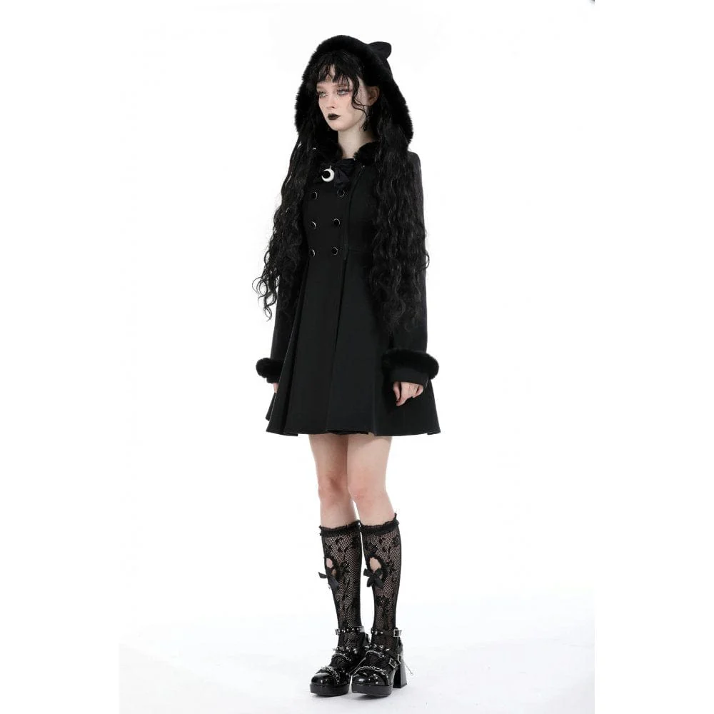 Women's Gothic Fluffy Splice Woolen Coat with Cat Ear Hood - Image 6