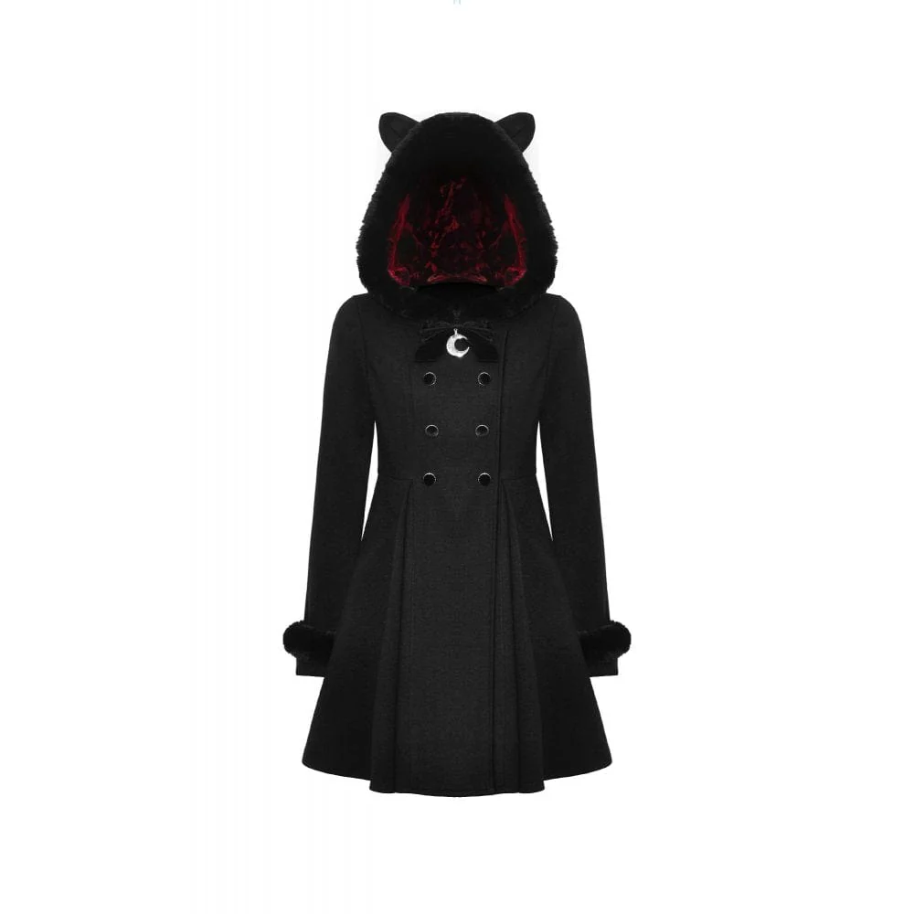 Women's Gothic Fluffy Splice Woolen Coat with Cat Ear Hood - Image 8