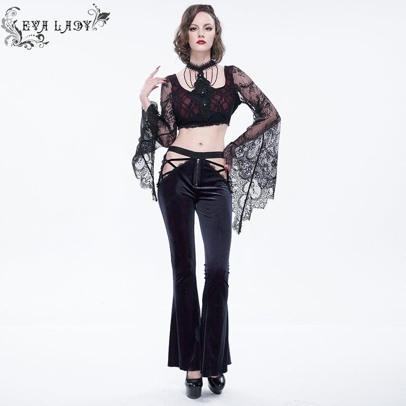 Women's Gothic Front Zip Side Cutout Velet Bell-bottoms - Image 4