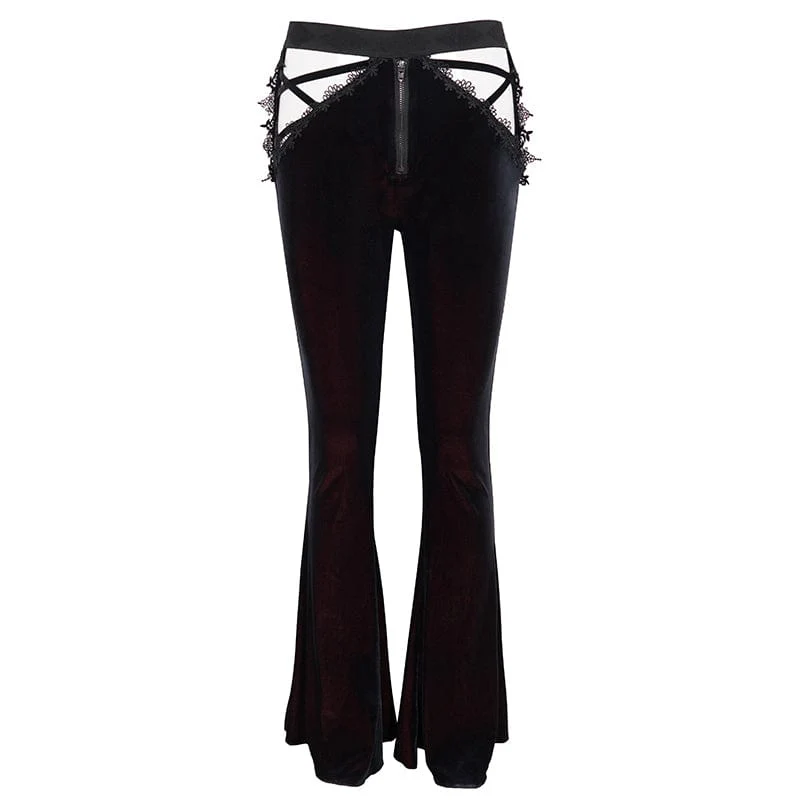 Women's Gothic Front Zip Side Cutout Velet Bell-bottoms - Image 5