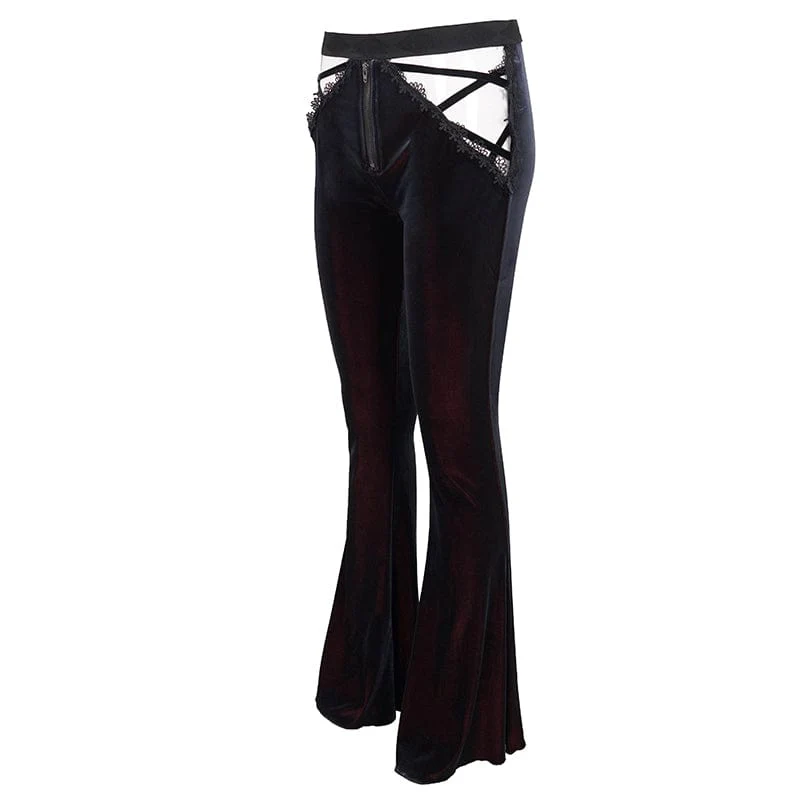 Women's Gothic Front Zip Side Cutout Velet Bell-bottoms - Image 6