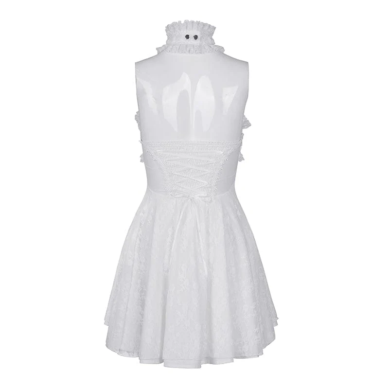 Women's Gothic Halter Cut-out Ruffled Lace Short Dress White - Image 11