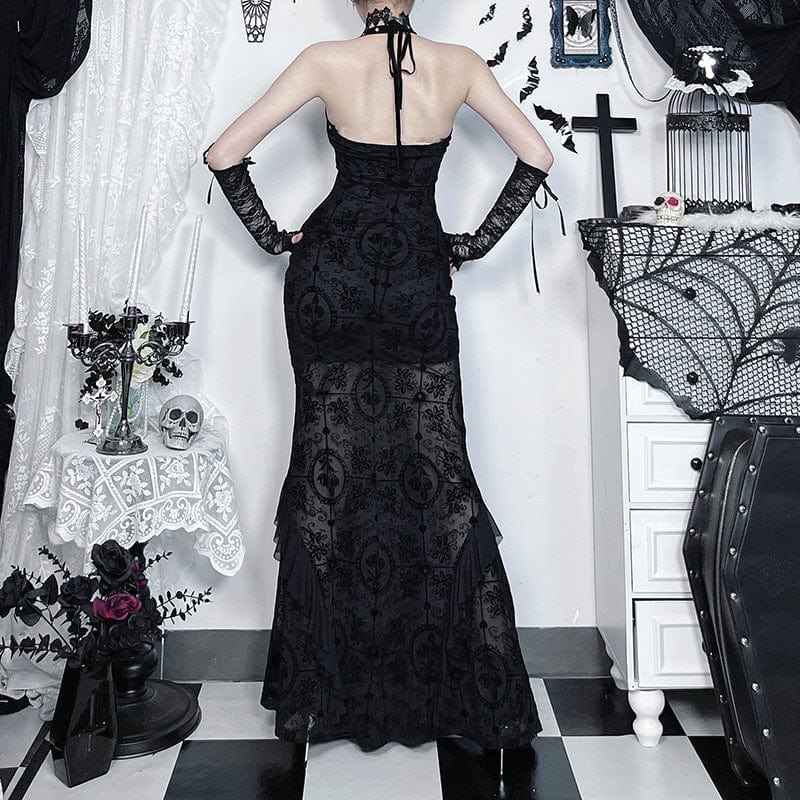 Women's Gothic Halterneck Flocking Mesh Fishtail Dress - Image 3