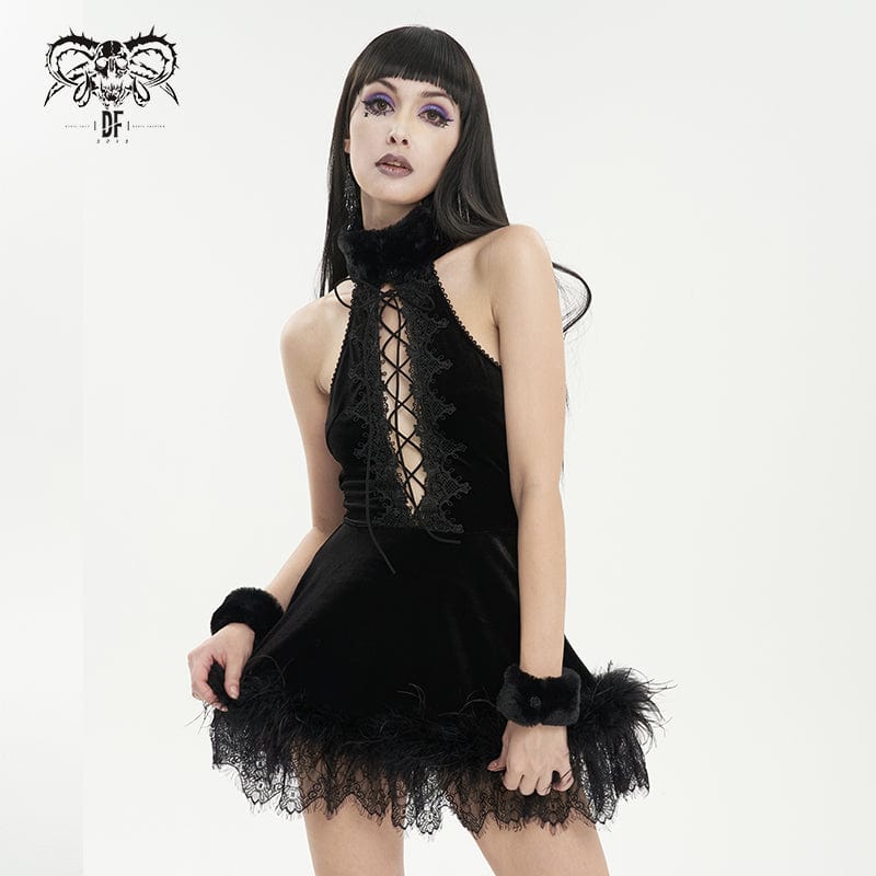 Women's Gothic Halterneck Fluffy Splice Velvet Dress - Image 2
