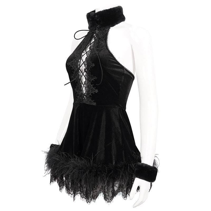 Women's Gothic Halterneck Fluffy Splice Velvet Dress - Image 8