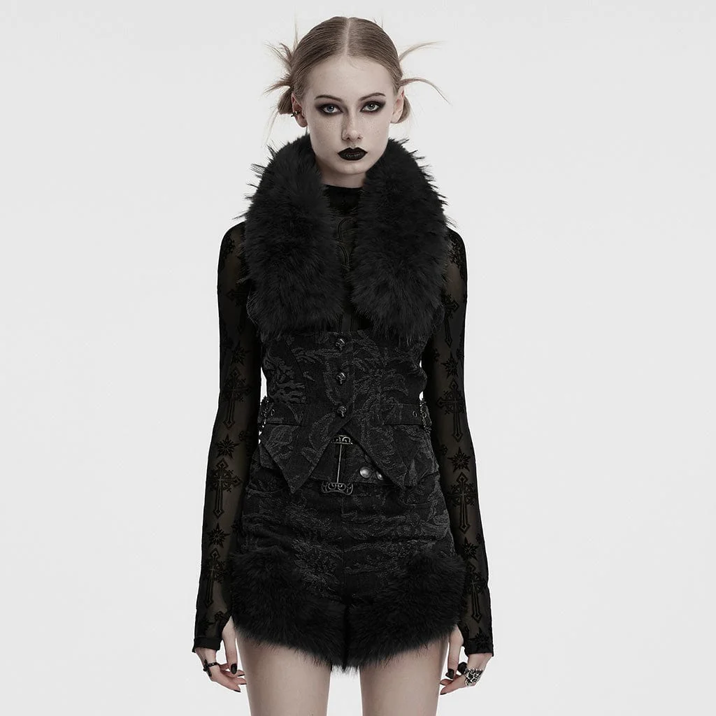 Women's Gothic Halterneck Jacquard Denim Vest with Faux Fur Collar Black