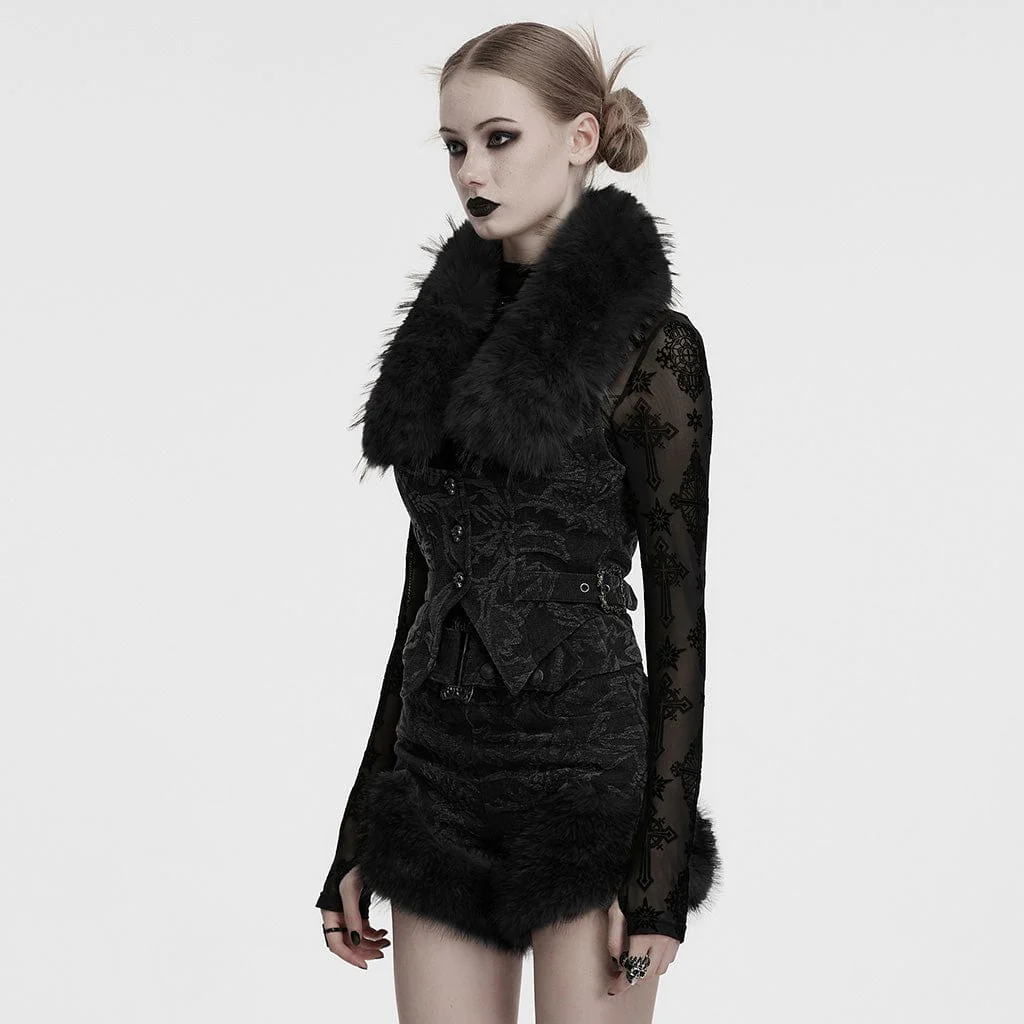 Women's Gothic Halterneck Jacquard Denim Vest with Faux Fur Collar Black - Image 2