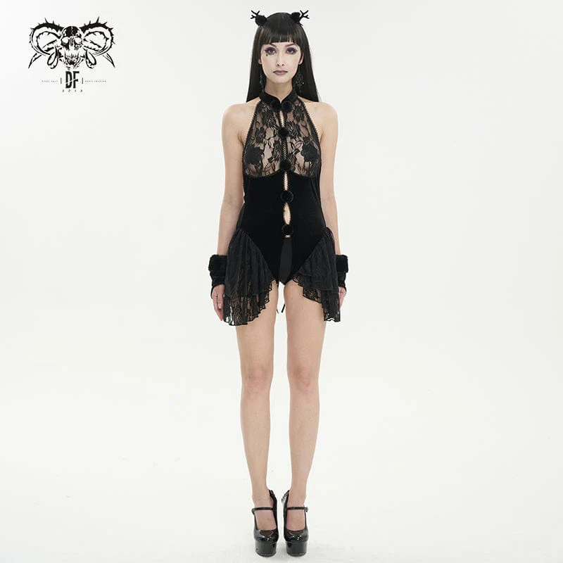 Women's Gothic Halterneck Lace Splice Velvet Lingerie with Oversleeves - Image 4