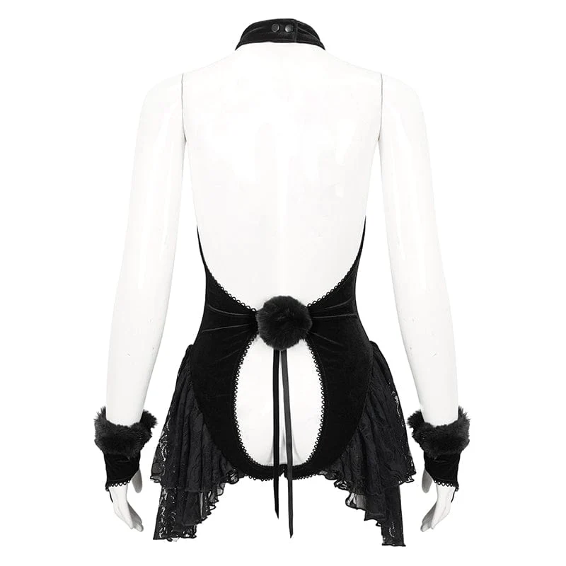 Women's Gothic Halterneck Lace Splice Velvet Lingerie with Oversleeves - Image 9