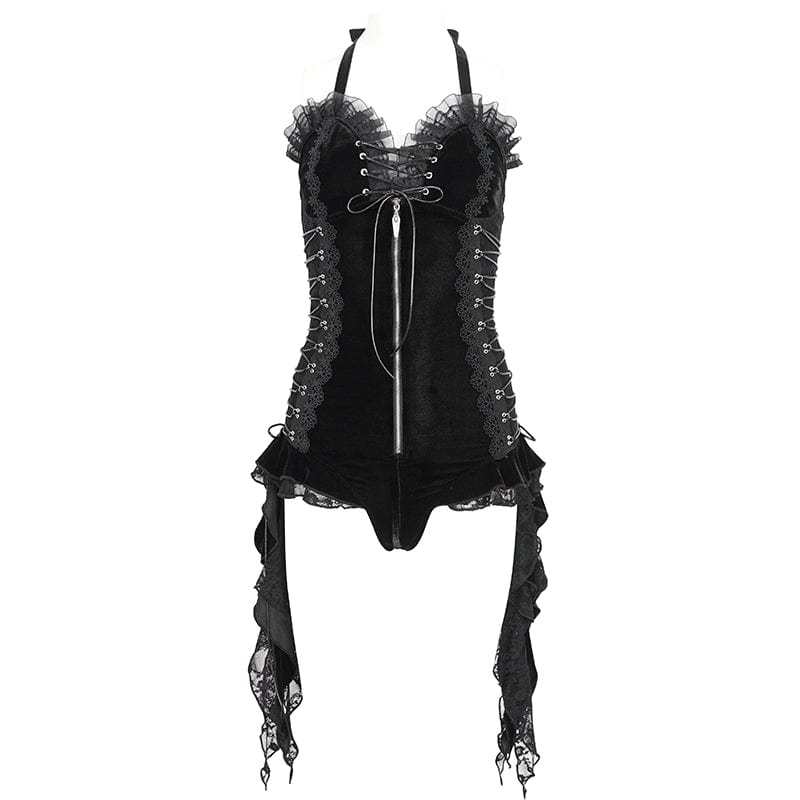 Women's Gothic Halterneck Lace-Up Ruffled Bodysuit - Image 6