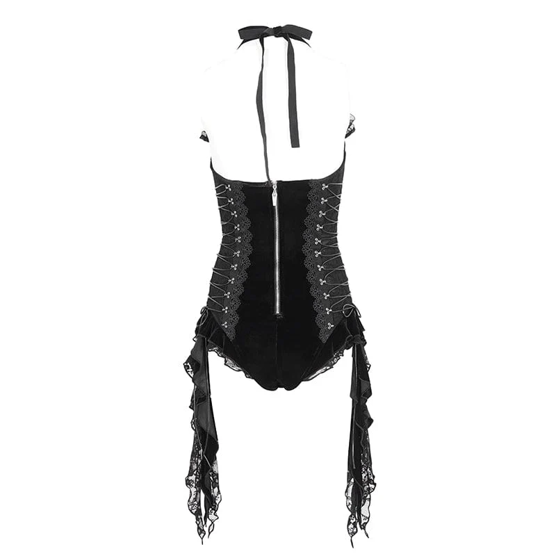 Women's Gothic Halterneck Lace-Up Ruffled Bodysuit - Image 8