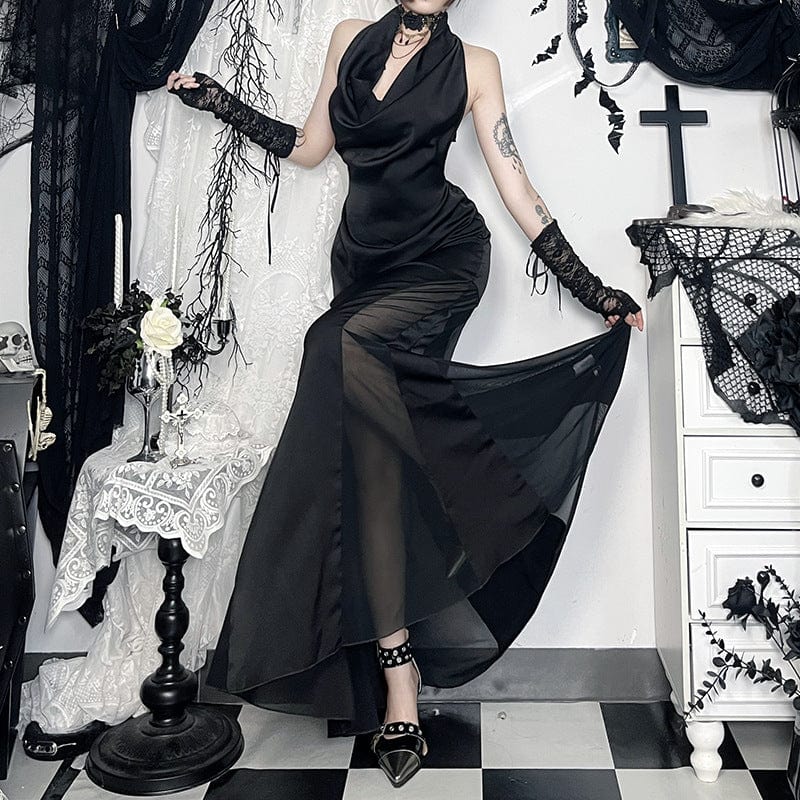 Women's Gothic Halterneck Mesh Splice Prom Dress - Image 3