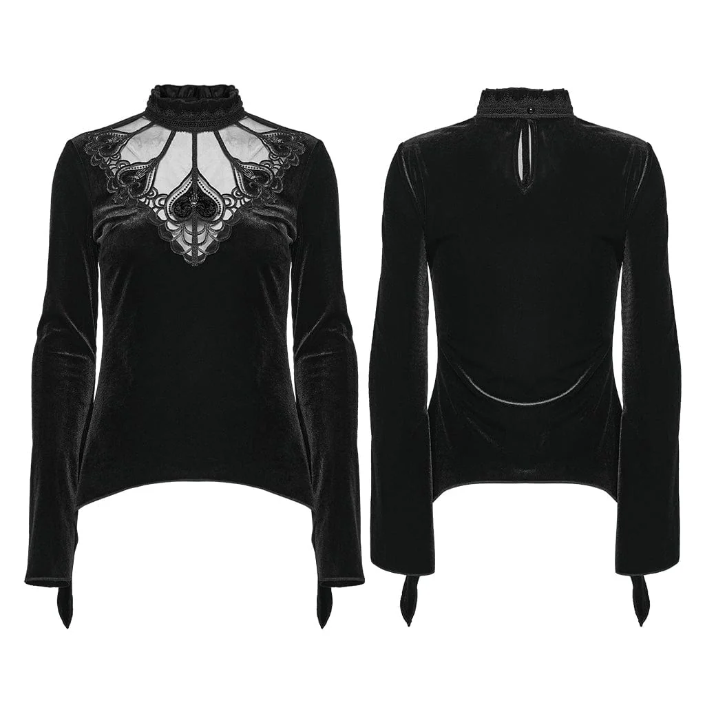 Women's Gothic Heart Embroideried Long Sleeved Top Black - Image 5