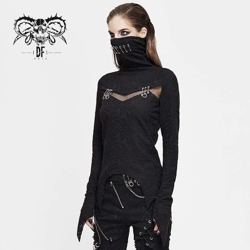 Women's Gothic High Collar Mesh Jacquard Tops - Image 2