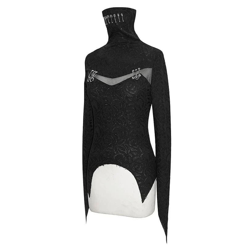 Women's Gothic High Collar Mesh Jacquard Tops - Image 5