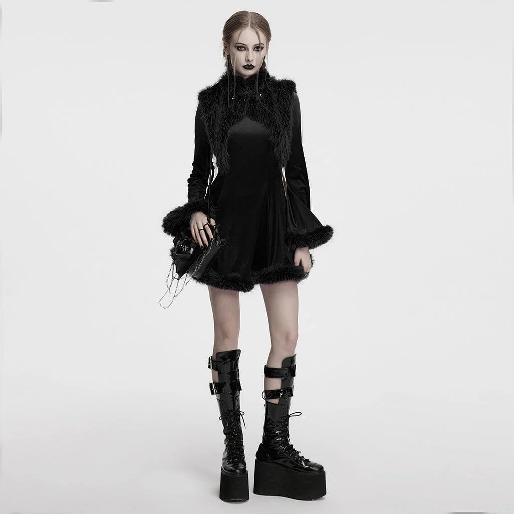 Women's Gothic High-Neck Fur Cuff Velvet Dress Black - Image 4