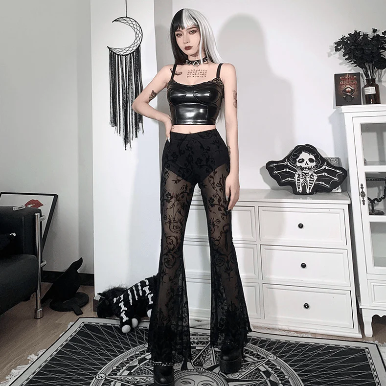 Women's Gothic High-waisted Floral Lace Sheer Bell-bottoms - Image 4