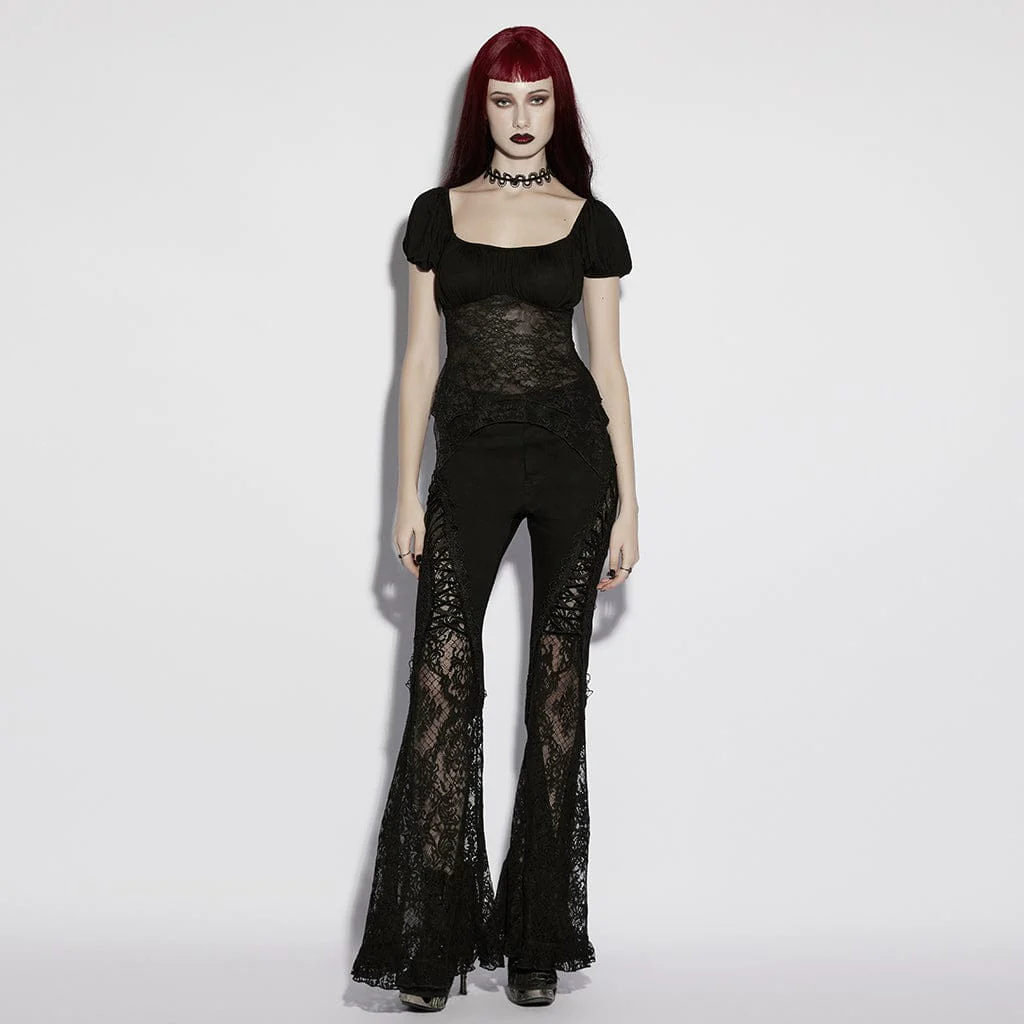 Women's Gothic Irregular Floral Lace Splice Ruched Top - Image 4