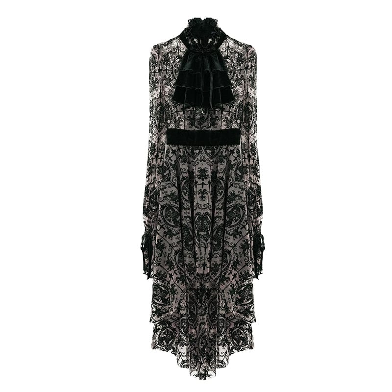 Women's Gothic Irregular Floral Printed Mesh Dress with Neckwear - Image 4