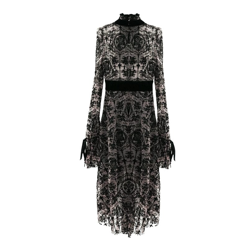Women's Gothic Irregular Floral Printed Mesh Dress with Neckwear - Image 5