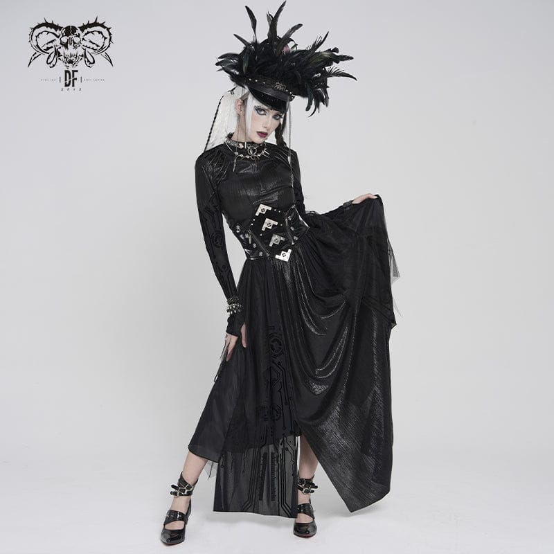Women's Gothic Irregular Mesh Printed Lace-up Long Skirt - Image 3