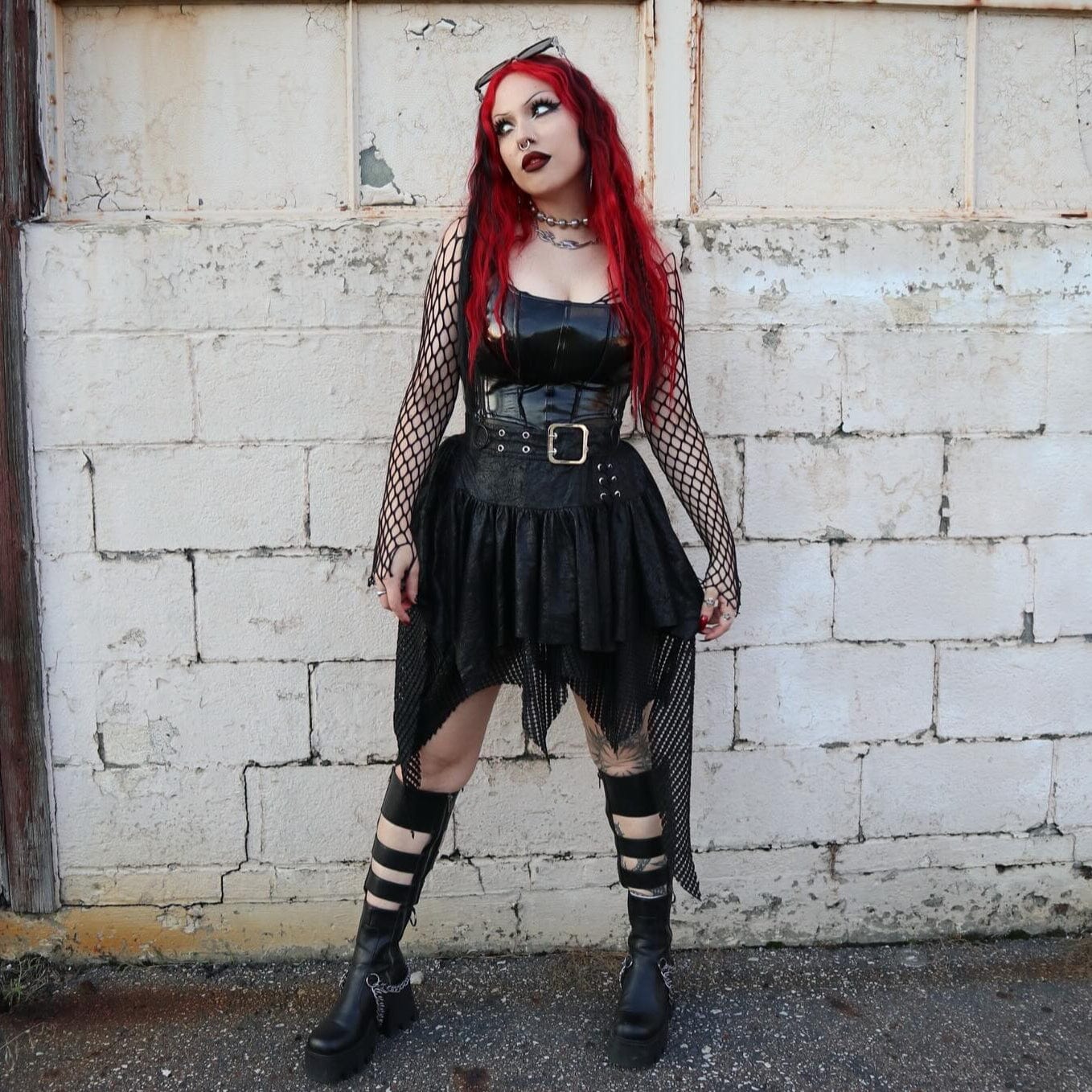 Women's Gothic Irregular Mesh Splice Buckle Skirt Black - Image 7