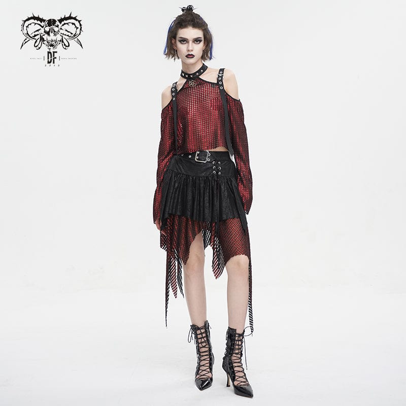 Women's Gothic Irregular Mesh Splice Buckle Skirt Red - Image 6