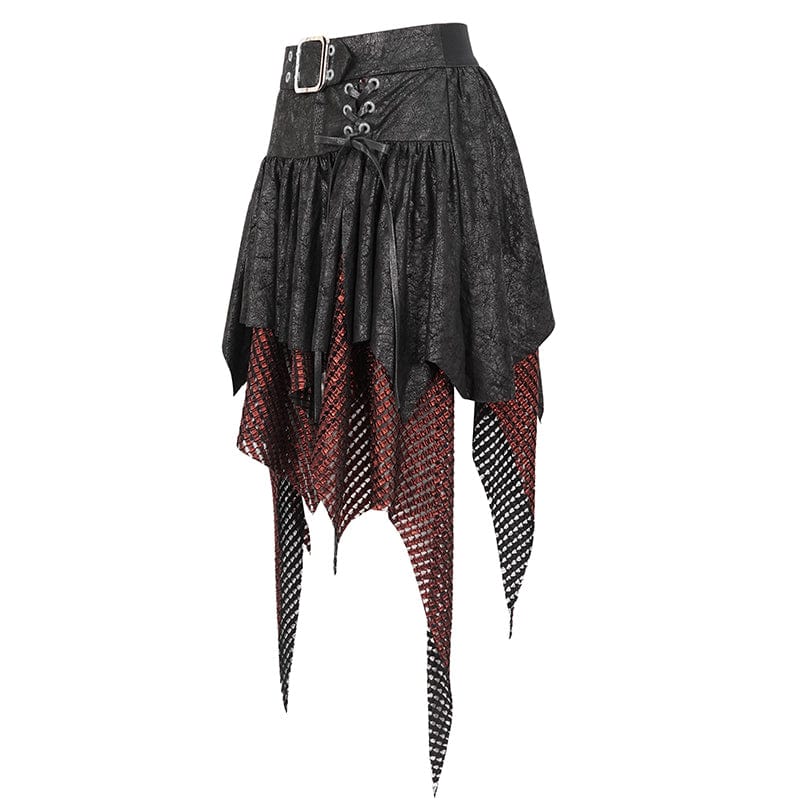 Women's Gothic Irregular Mesh Splice Buckle Skirt Red - Image 8