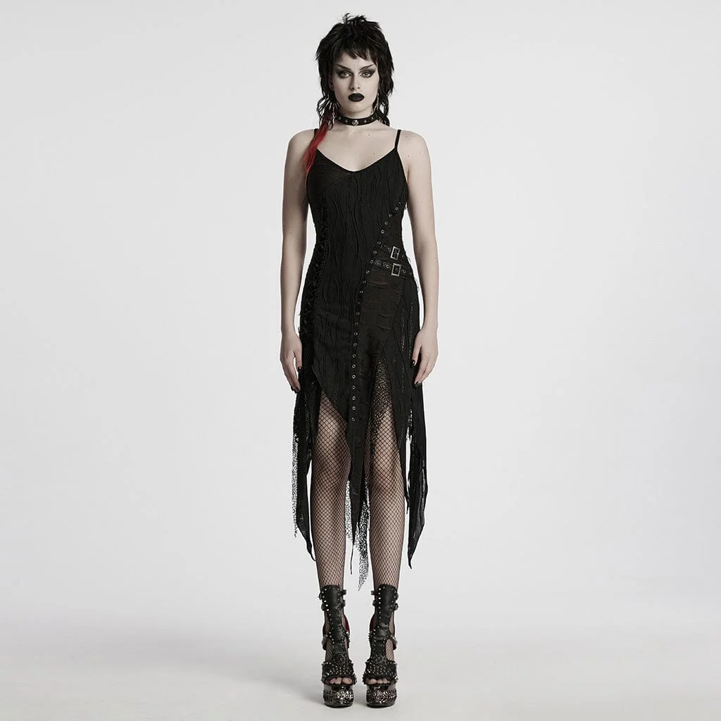 Women's Gothic Irregular Ripped Lace-up Party Slip Dress