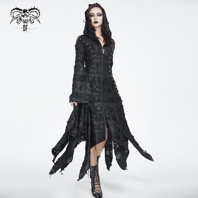 Women's Gothic Irregular Ripped Long Sleeved Hem Dress with Hood - Image 2