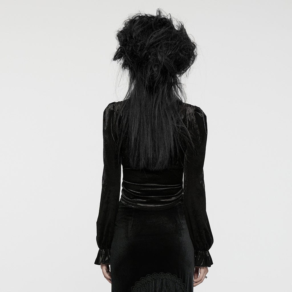 Women's Gothic Irregular Stand Collar Pleated Velvet Shirt - Image 3