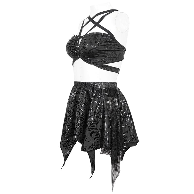Women's Gothic Irregular Studded Mesh Splice Swimsuit - Image 8
