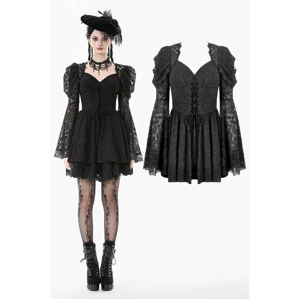 Women's Gothic Jacquard Floral Lace Sleeved Dress Graduation Dress