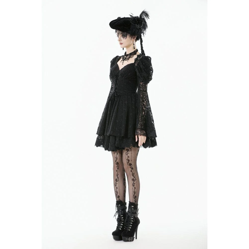 Women's Gothic Jacquard Floral Lace Sleeved Dress Graduation Dress - Image 10