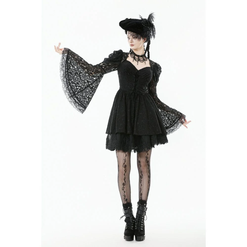 Women's Gothic Jacquard Floral Lace Sleeved Dress Graduation Dress - Image 7