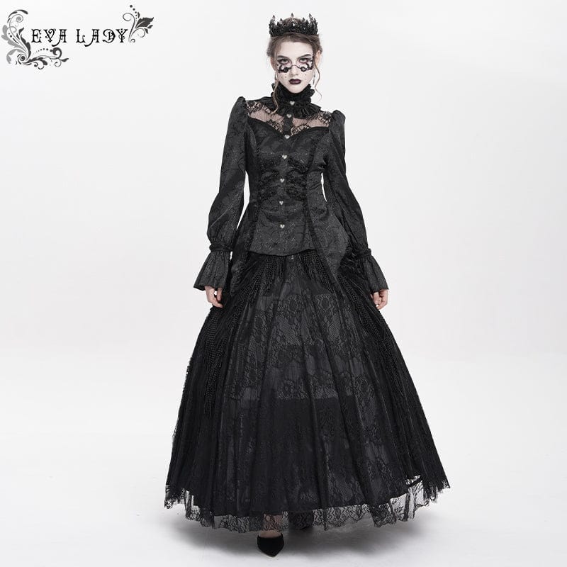 Women's Gothic Jacquard Lace Stand Collar Long Sleeve Shirt - Image 6