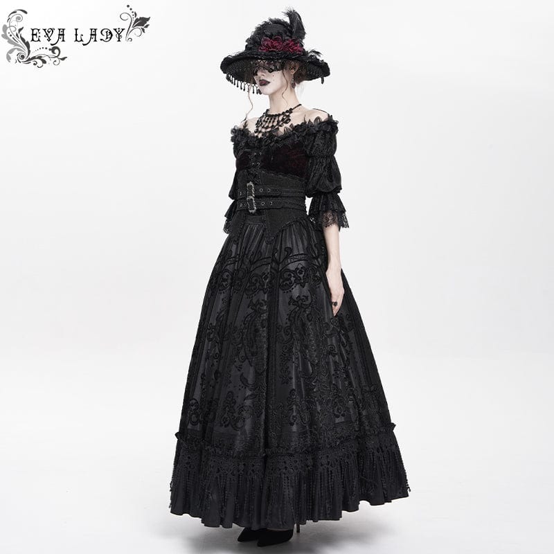 Women's Gothic Jacquard Tassels Buckle-up Long Skirt Black - Image 5