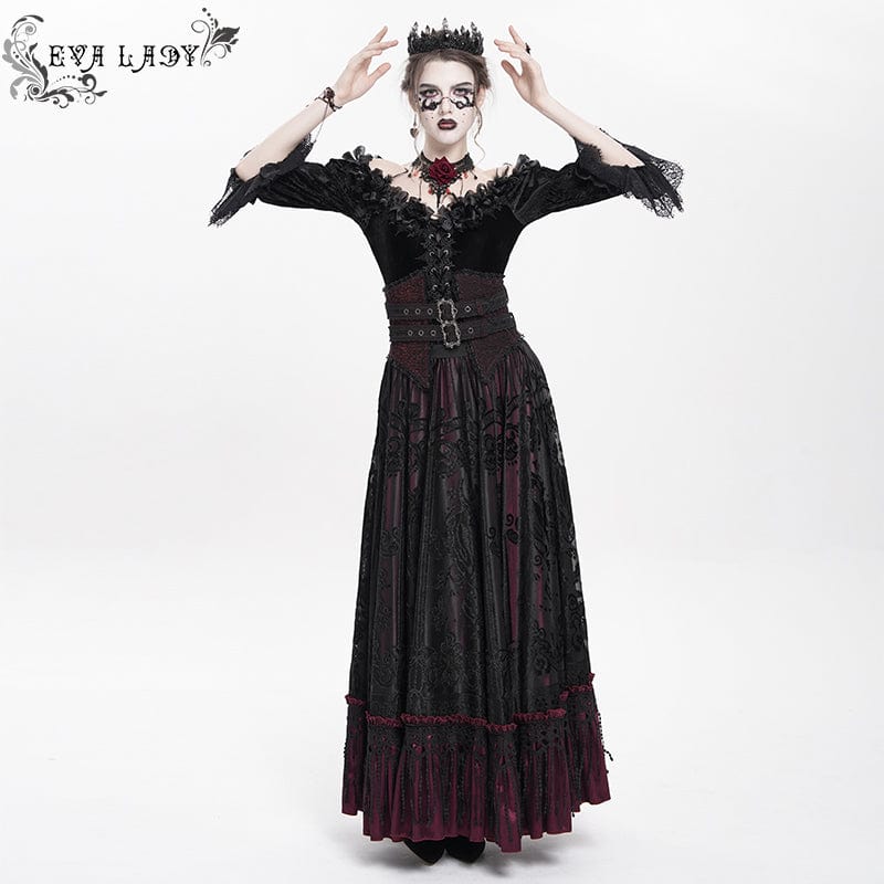 Women's Gothic Jacquard Tassels Buckle-up Long Skirt Red