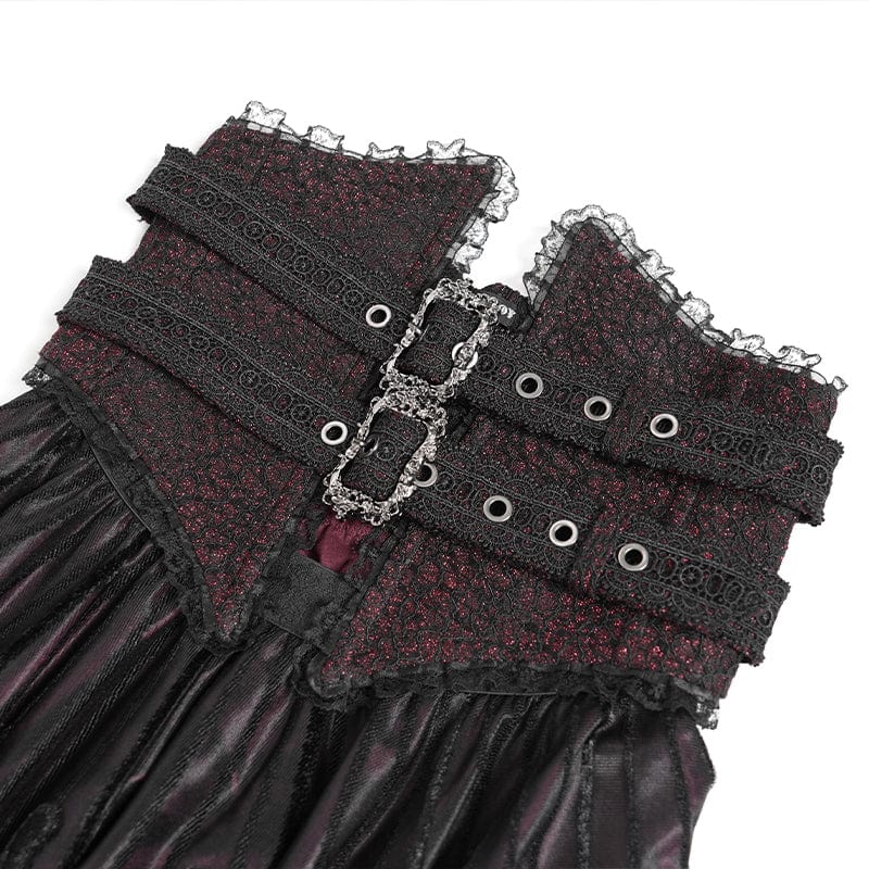 Women's Gothic Jacquard Tassels Buckle-up Long Skirt Red - Image 10