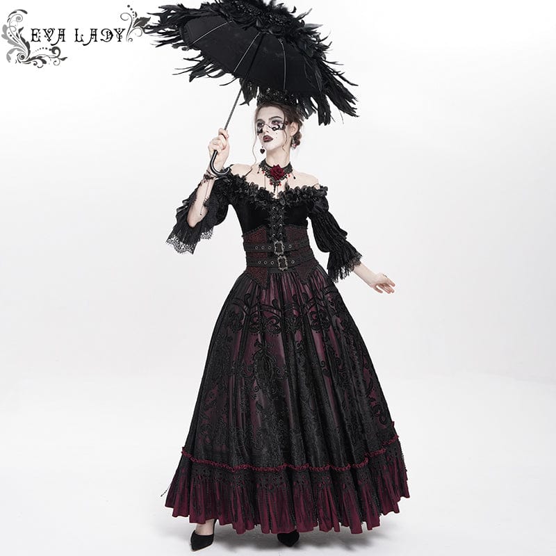 Women's Gothic Jacquard Tassels Buckle-up Long Skirt Red - Image 6