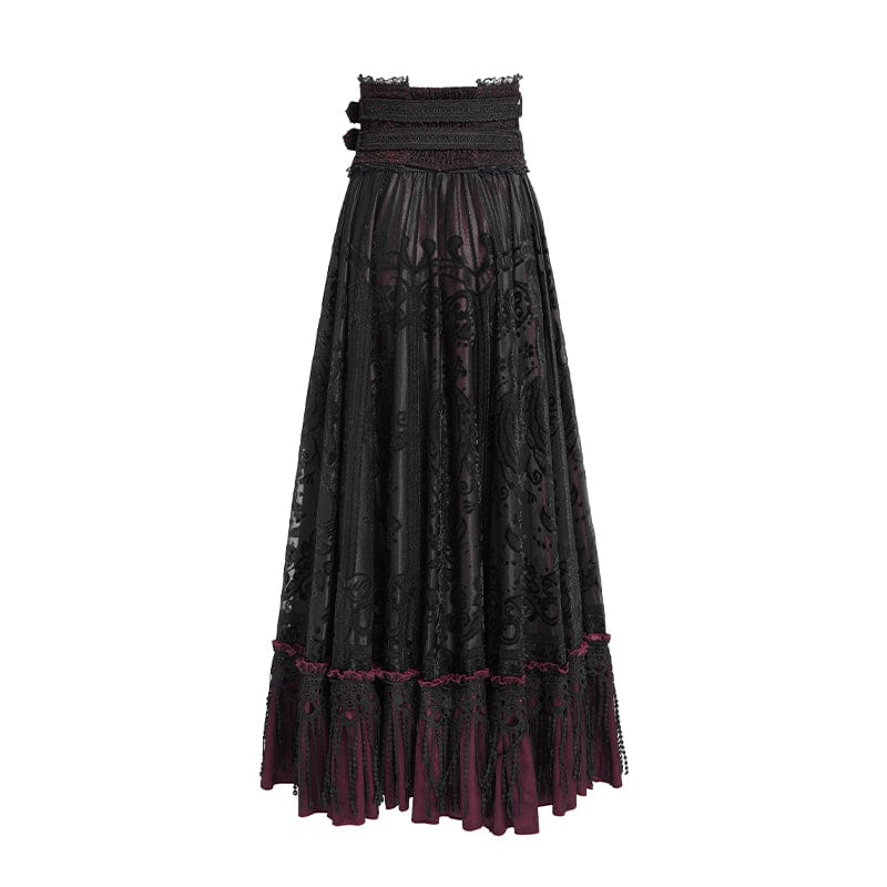 Women's Gothic Jacquard Tassels Buckle-up Long Skirt Red - Image 9