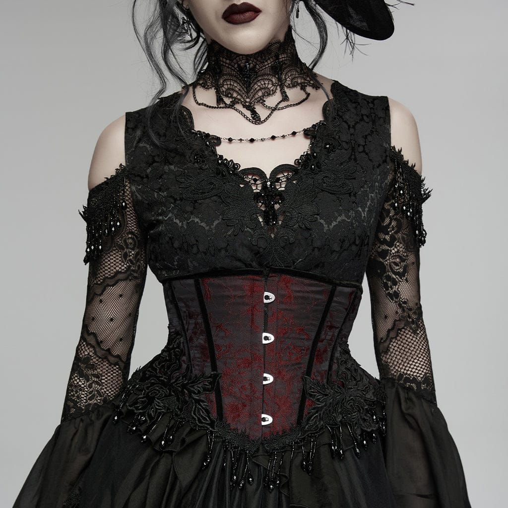 Women's Gothic Jacquard Tassels Underbust Corset Black-Red - Image 3