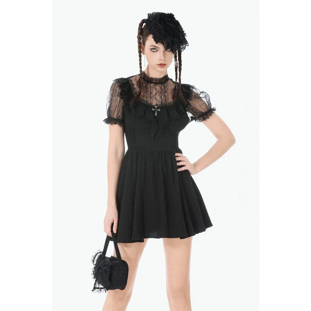 Women's Gothic Lace Cross Ruffled Short Sleeved Dress Graduation Dress - Image 2