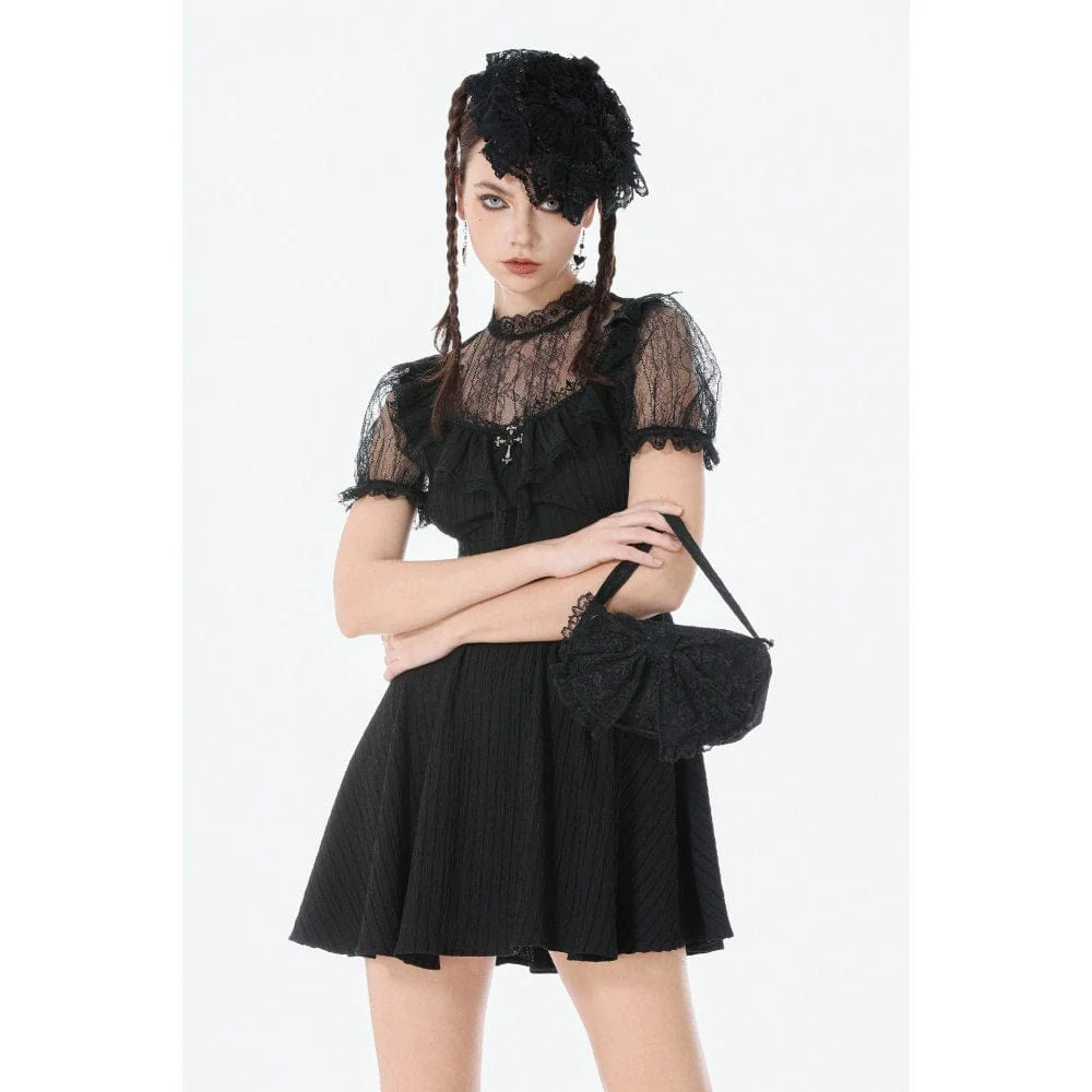 Women's Gothic Lace Cross Ruffled Short Sleeved Dress Graduation Dress - Image 3