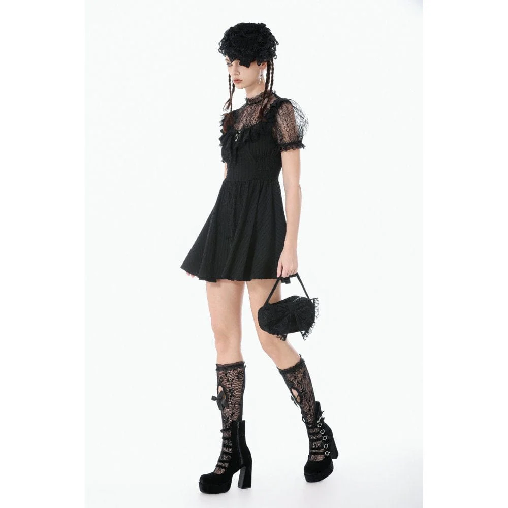 Women's Gothic Lace Cross Ruffled Short Sleeved Dress Graduation Dress - Image 8